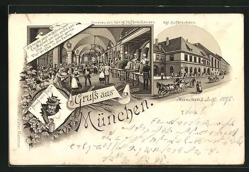 Vorläufer-Lithographie München, 1895, Gasthof Münchner Hofbräuhaus, Innen- und Aussenansicht