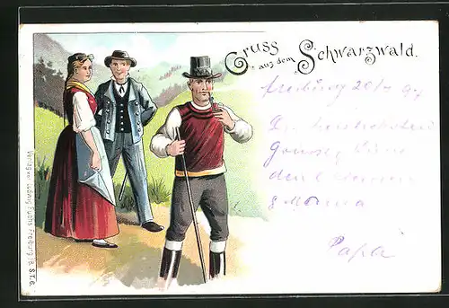 Lithographie Schwarzwald, Zwei Männer und eine Frau in Schwarzwälder Trachten