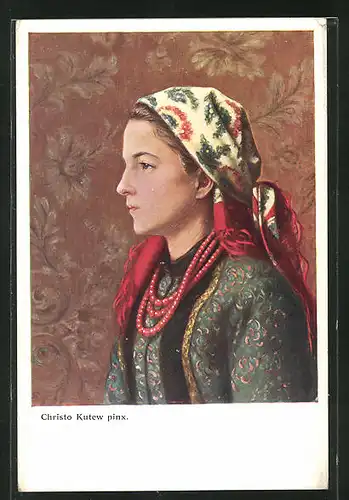 Künstler-AK Portrait einer jungen polnischen Frau mit Kopftuch