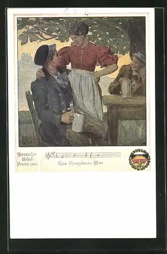 Künstler-AK Karl Friedrich Gsur, Deutscher Schulverein Nr. 463: Das schwarz-braune Bier, Bursche mit einem Mädchen