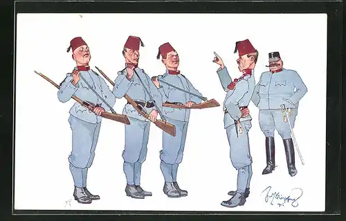 Künstler-AK Fritz Schönpflug: k.u.k. Soldaten, Karikatur