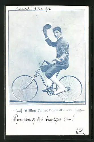 AK Akrobat William Feller, Turmseilkünstler, Radfahrer balanciert auf dem Seil, Radsport