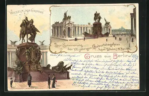 Lithographie Ganzsache PP9C19 /01: Berlin, 100 jährige Geburtstagsfeier Kaiser Wilhelm I 1897, Denkmal Wilhelm der Gross