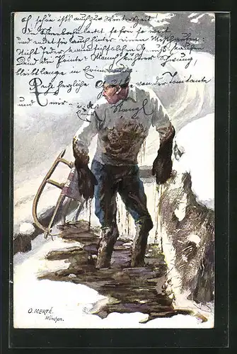 Künstler-AK O. Merte: Mann mit Schlitten steht im Winter in einer Schlammpfütze