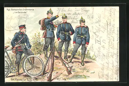Künstler-AK sign. Calr Henckel: Kgl. Sächsische Infanterie in Uniformen mit Gewehren im Gelände