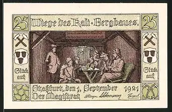 Notgeld Stassfurt 1921, 25 Pfennig, Stadtwappen, Bergmänner machen Rast