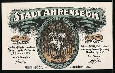 Notgeld Ahrensbök 1920, 50 Pfennig, Ortsmotiv, Eule im Wald