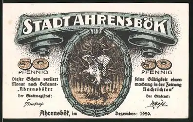 Notgeld Ahrensbök 1920, 50 Pfennig, Eule im Wald, Ortsansicht
