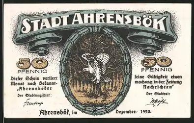Notgeld Ahrensbök 1920, 50 Pfennig, Eule im Wald, Stadtmotiv