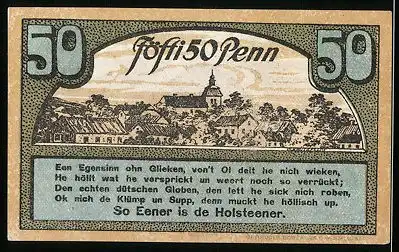 Notgeld Ahrensbök 1920, 50 Pfennig, Eule im Wald, Stadtmotiv