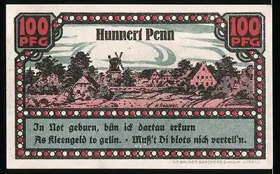 Notgeld Ahrensbök 1920, 100 Pfennig, Eule im Wald, Ortsansicht