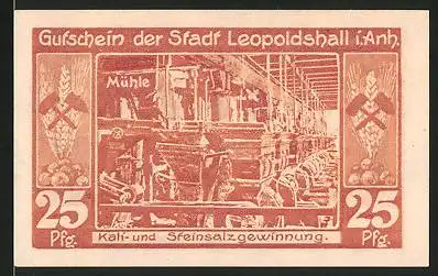 Notgeld AK Leopoldshall, 1921, 25 Pfennig, Wappen, Kali- und Steinsalzgewinnung