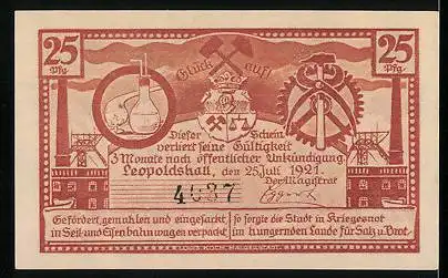 Notgeld AK Leopoldshall, 1921, 25 Pfennig, Wappen, Kali- und Steinsalzgewinnung