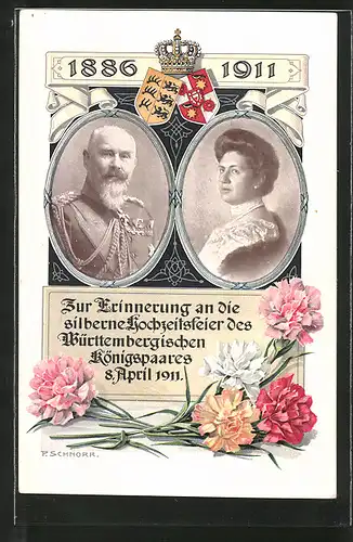 AK Zur Erinnerung an die silberne Hochzeit des Königspaares von Württemberg, 8. April 1911, Ganzsache Württemberg
