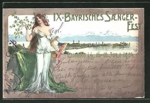 Künstler-AK Lindau, IX. Bayrisches Sängerfest 1904, Panoramablick auf den Ort