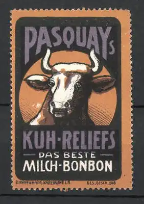 Reklamemarke Pasquay's Kuh-Reliefs, beste Milch-Bonbons, Portrait einer Kuh