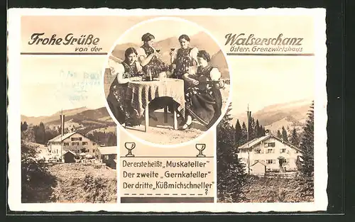 AK Walserschanz, Blick auf Grenzwirtshaus Walserschanz, Damen in Tracht mit Wein und Gitarre