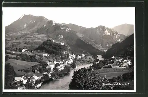 AK Losenstein a. d. Enns, Ortspanorama mit Brücke und Gebirge