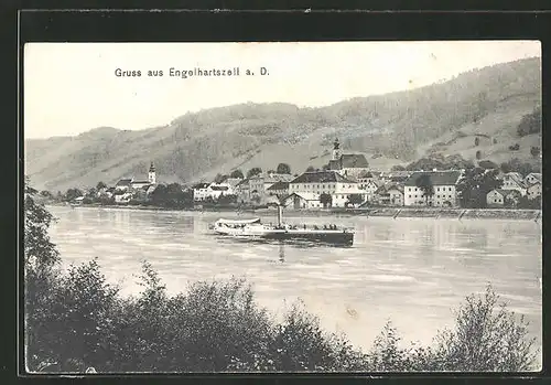 AK Engelhartszell a. Donau, Blick zum Ort vom Ufer aus, Dampfer