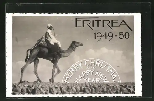 AK Eritrea, Afrikaner reitet auf einem Kamel, Weihnachtsgrüsse