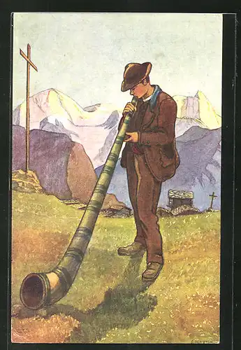 Künstler-AK Joueur de cor des alpes (Val d`Hérens, Valais)