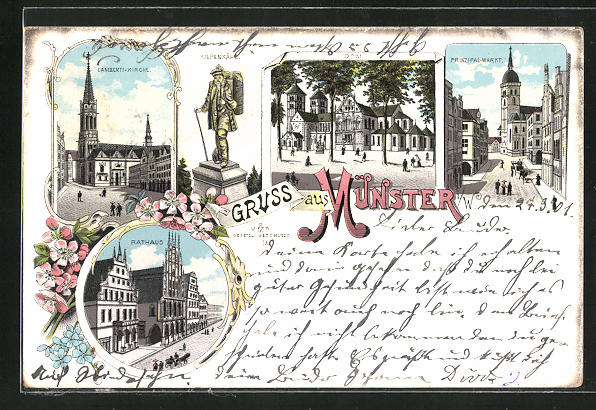 Lithographie Munster Lamberti Kirche Dom Prinzipial Markt
