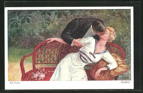 Künstler-AK Bill Fisher: Endlich, Herr küsst eine Dame auf einer Bank im Garten