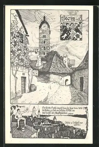 Künstler-AK Stein a. d. D., Blick auf Kirche und Häuser, Mann auf Fass mit Weinglas, Stein v. Schloss aus gesehen, Wappen