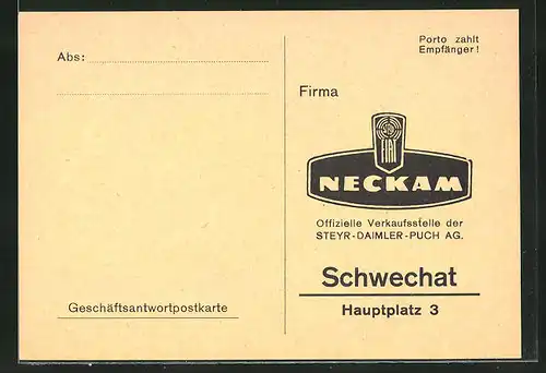 AK Schwechat, Fiat Neckam, Hauptplatz 3, Geschäftsantwortpostkarte
