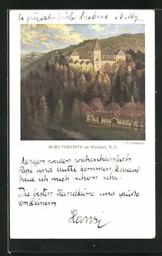 Künstler-AK Feistritz am Wechsel, Burg und Waldgebiet am Berge