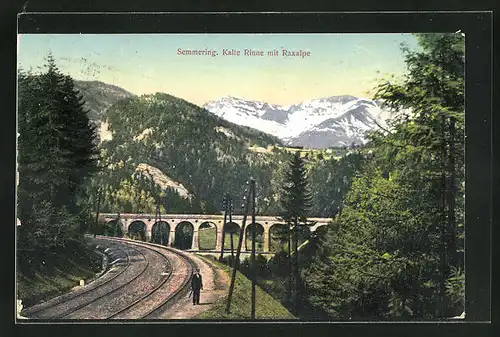AK Semmering, Kalte Rinne mit Raxalpe, Eisenbahntrasse & Viadukt