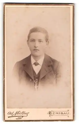 Fotografie Ad. Müller, Herisau, Portrait junger Herr mit Fliege im Anzug