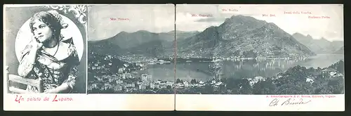 Klapp-AK Lugano, Stadt-Panorama mit Mte. Tamaro und Mte. Bré, Schöne Schweizerin in Tracht