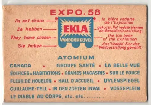 Bierdeckel-AK Brüssel, Ausstellung Expo 1958, Reklame für Ekla Bier