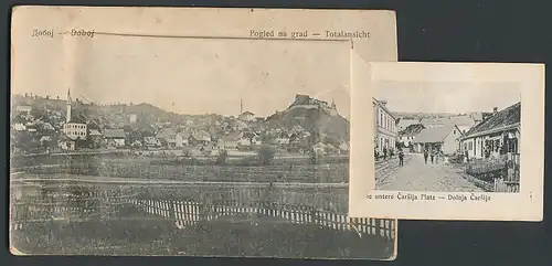 Leporello-AK Doboj, Totalansicht vom Ort, Kriegerdenkmal, Blick zur Ruine