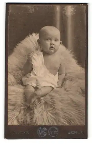 Fotografie J. Fuchs, Berlin, Säugling in weissem Hemdchen auf einem Fell