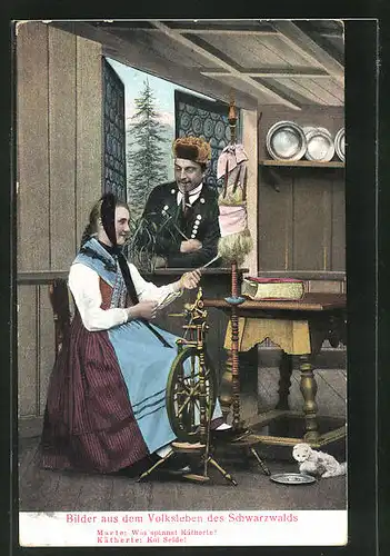 AK Frau in Schwarzwälder Tracht am Spinnrad