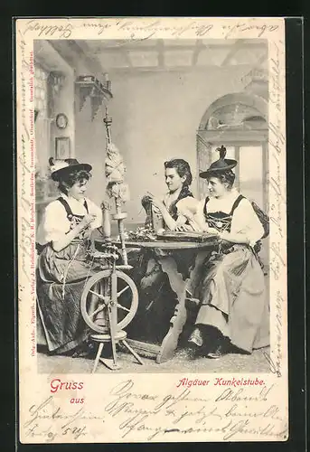 AK Frauen in bayerische Tracht am Spinnrad