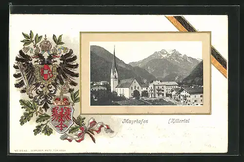 Passepartout-Lithographie Mayrhofen, Teilansicht mit Kirche, Passepartout mit Österreichischem Doppeladler