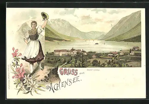 Lithographie Pertisau, Ortsansicht mit Blick über den Achensee