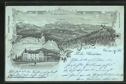 Mondschein-Lithographie Schlagl, Hotel von Joh. Westermayer, Panoramablick vom Hotel aus