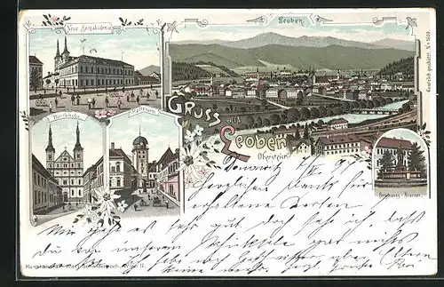Lithographie Leoben, Neue Bergakademie, Pfarrkirche, Stadtturm