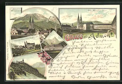 Lithographie Admont, Wallfahrt Frauenberg, Schloss Kaiserau m. d. Kaibling, Schloss Röthelstein m. d. hohen Pyrkas