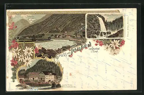 Lithographie Tumpen im Ötzthal, Gasthof Alois Schmalz, Mühlbach-Wasserfall