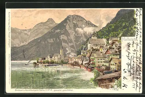 Künstler-AK Otto Strützel: Hallstatt, Teilansicht mit Bergen