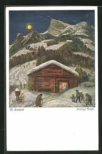 Künstler-AK Matthäus Schiestl: Heilige Nacht, Stall mit Maria und Jesus im Gebirge mit Schnee