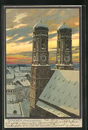 Künstler-AK Zeno Diemer: München, Frauenkirche im Winter