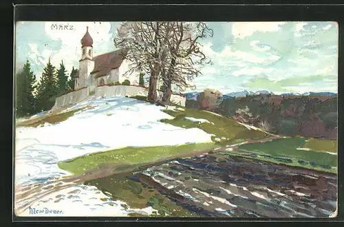 Künstler-AK Zeno Diemer: Landschaft mit Kirche und Schnee im März