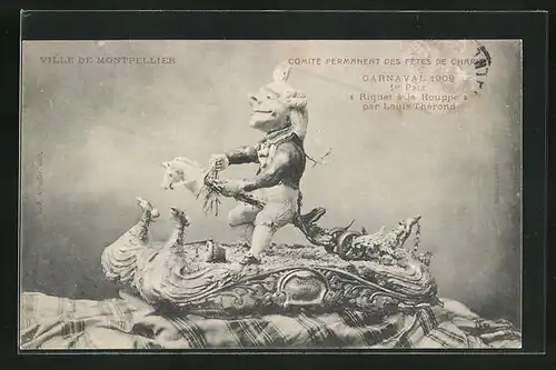 AK Montpellier, Carnaval 1909, 1er Prix Riquet à la Houppe par Louis Thérond, Figur mit Steckenpferd, Fasching
