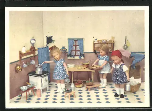 AK Käthe Kruse-Puppen werkeln in der Puppenküche